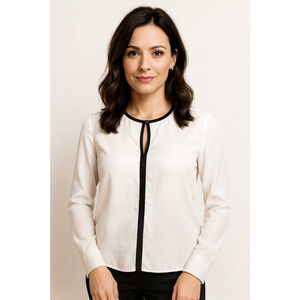 Women's Long Sleeve Chiffon Blouse – White with Black Trim – NWOT